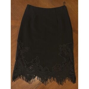 Patty Boutik Stretch Black Floral Lace Fringe Hem Knee Length Pencil Skirt Sz S